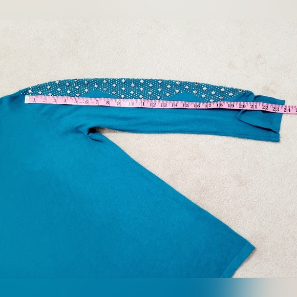 Milano Teal Knit Sweater Women’s Size Large Beaded Studded Sleeve Pullover Top - Picture 8 of 10